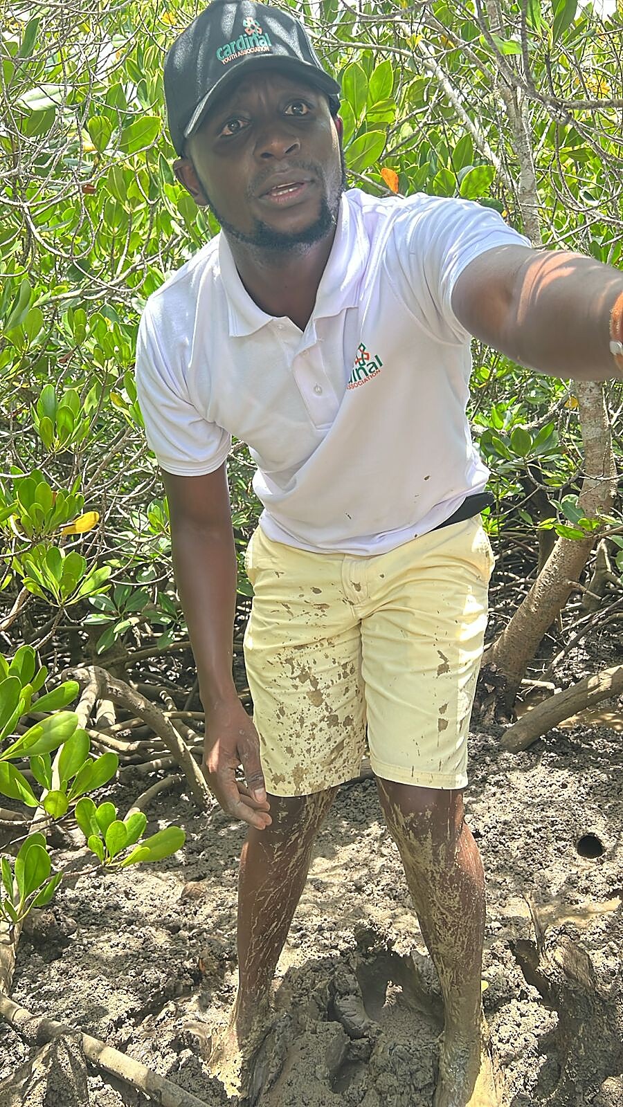 A CYA volunteer standing in the mangroves during a restoration day at Dongo Kundu